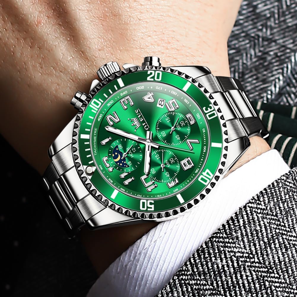 OLEVS Reloj de caballero lujo cronógrafo acero inoxidable pulsera vestimenta impermeable reloj analógico de cuarzo gran esfera luminosa