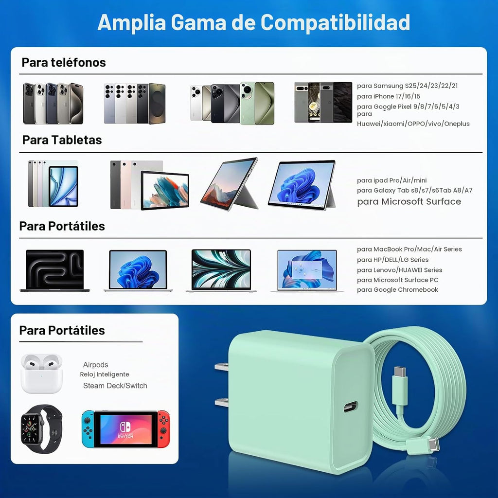 Cargador de carga rápida para iPhone 16 y 15, paquete de 3 cargadores USB C PD de 20 W con cable de 10 pies, cable USB C tipo C para iPhone 16/16 Plus/16 Pro/16 Pro Max/15/15 Pro/15 Pro Max (verde)