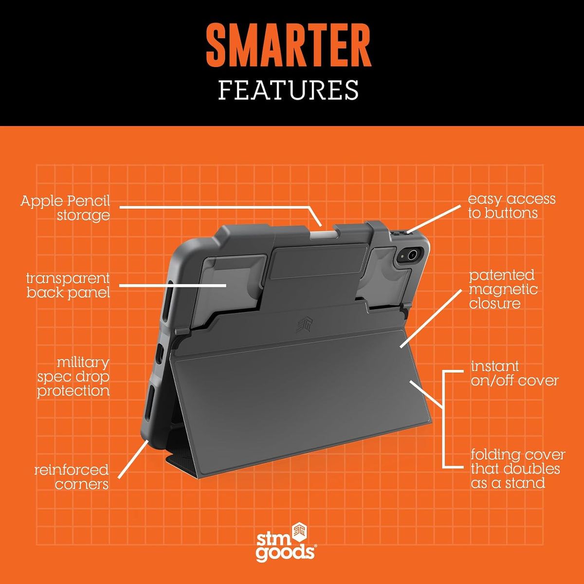 STM Dux Plus para iPad/10ª generación: ultra protectora, duradera, ligera con parte trasera transparente, soporte para lápiz Apple, cubierta de encendido/apagado de ahorro de batería, color negro