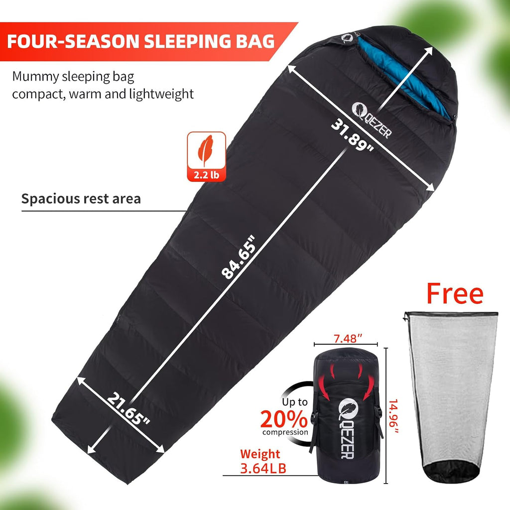 Saco de dormir para adultos para clima frío de 0 °F, bolsa de mochilero ligera con botines de plumón para hombres y mujeres para mantener el calor