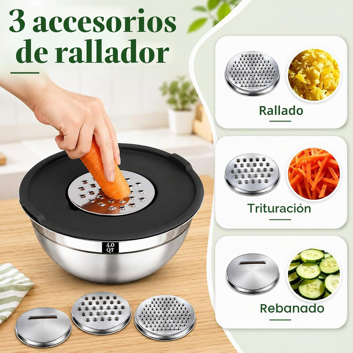 Juego de 8 tazones para mezclar con tapas, 5 cuencos para mezclar anidables, 3 accesorios para rallar, tapas, cuencos de acero inoxidable para mezclar y servir, tamaño 1.5/2.1/3.5/4/4.5