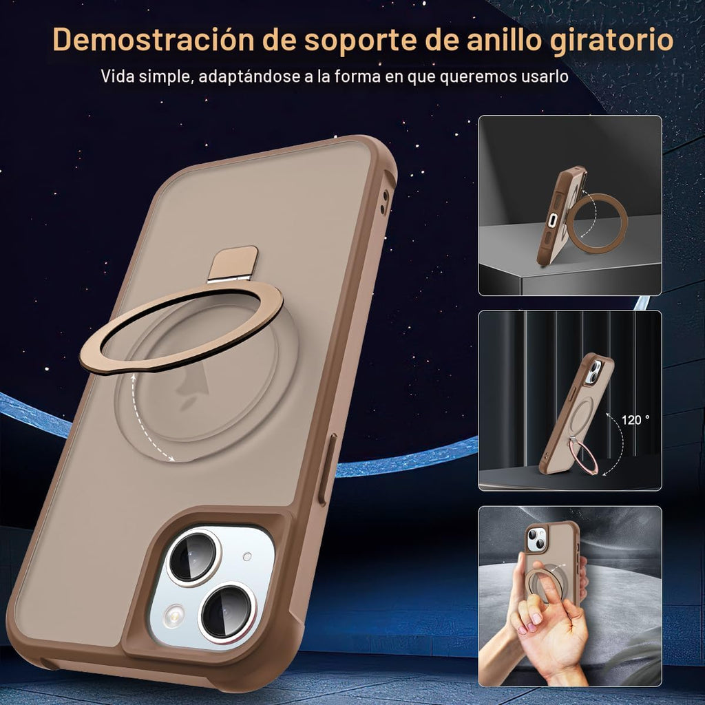 SKYLMW Compatible con iPhone 15 Funda con Soporte Magnético Invisible de Anillo O Funda Translúcida de Grado Militar para iPhone 15 6.1" [Compatible con Mag-Safe][Gran Sensación de Agarre], Marrón