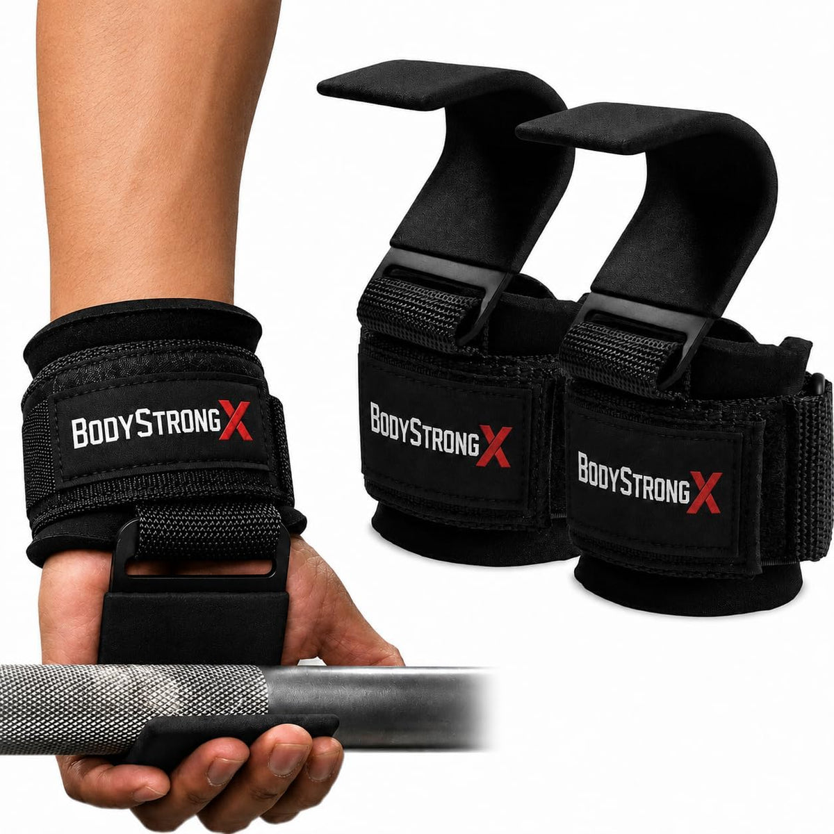 Ganchos de levantamiento de pesas (par) – Ganchos de soporte de muñeca resistentes para peso muerto, dominadas, encogimientos de hombros y filas – Ganchos de gimnasio de acero