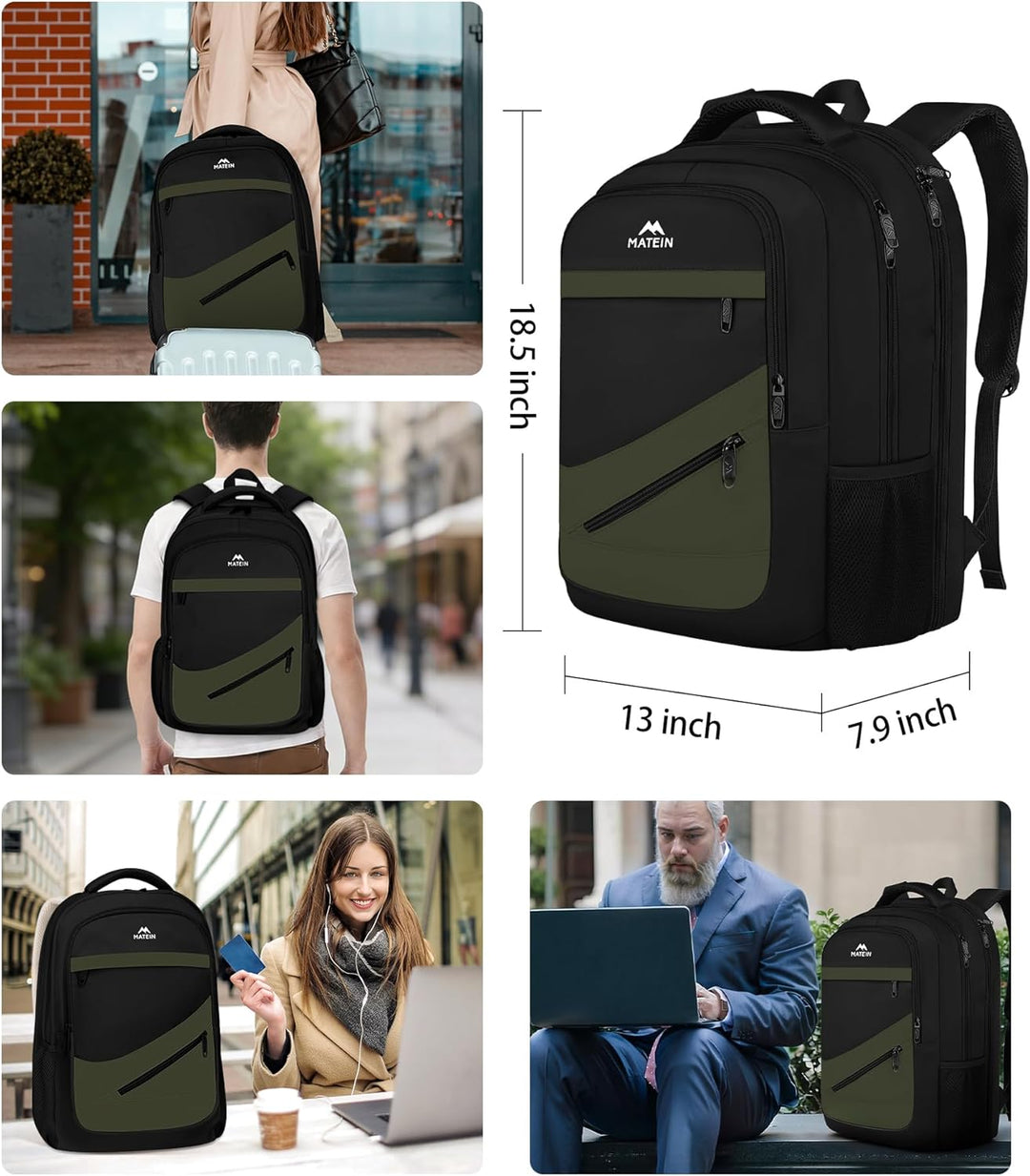 MATEIN Mochila para laptop, Verde negro, 17 pulg., Mochila de viaje...