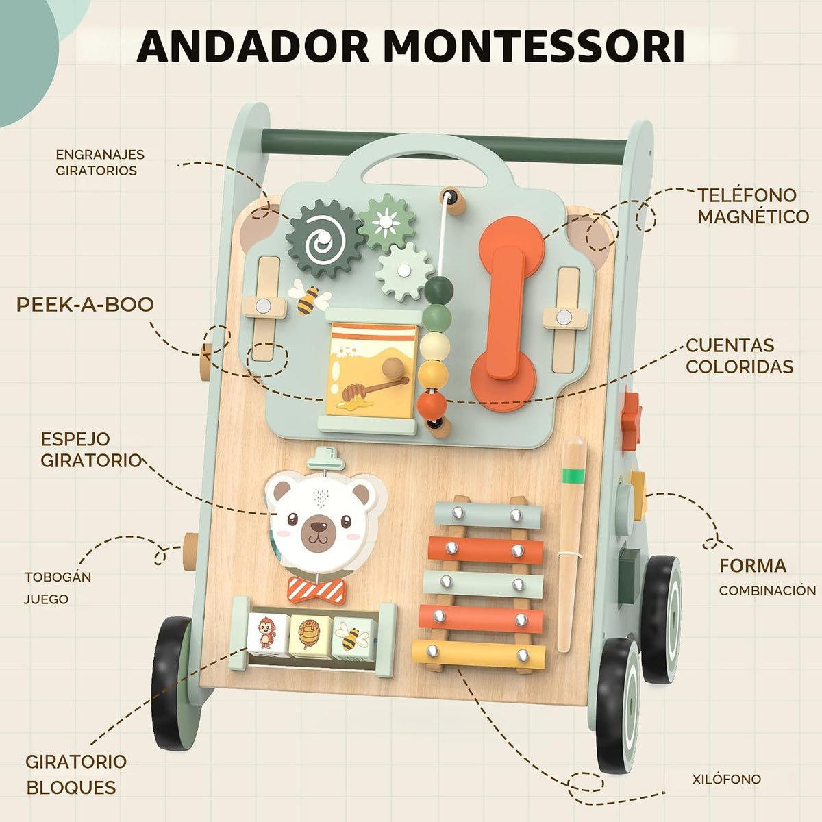 WOODMAM - Andador de empuje para bebés, juguete de aprendizaje de madera para estar sentado a pie para 12 meses