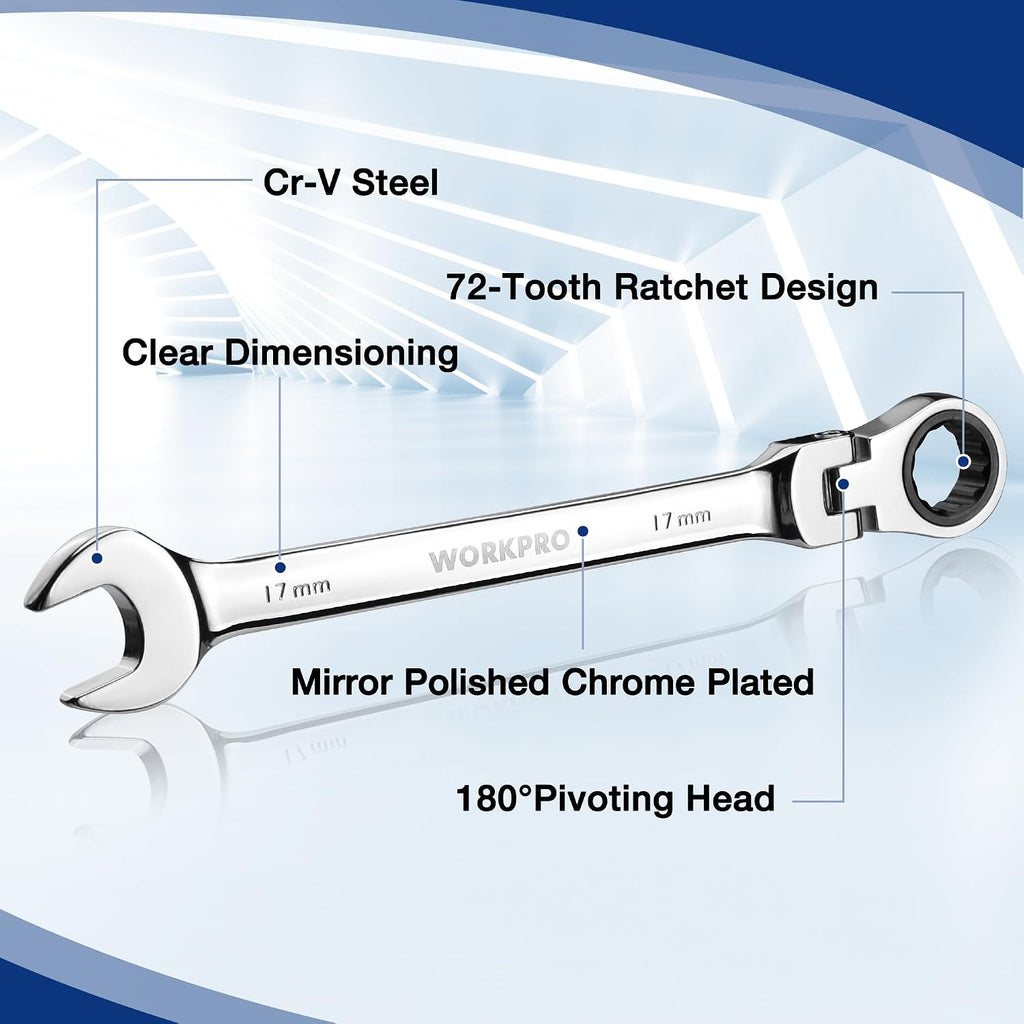WORKPRO - Juego de 22 llaves de trinquete con cabeza flexible, juegos de llaves combinadas con caja organizadora, 72 dientes, métrica 6-18mm y SAE 1/4-3/4"