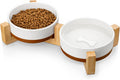 MALACASA Cuencos de cerámica para perros de tamaño pequeño con soporte de madera, cuencos de cerámica para cachorros de 1.5 tazas para gatos y perros pequeños, cuencos dobles para alimentos y agua con base antideslizante pesada, esmalte mate, 14 onzas