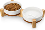 MALACASA Cuencos de cerámica para perros de tamaño pequeño con soporte de madera, cuencos de cerámica para cachorros de 1.5 tazas para gatos y perros pequeños, cuencos dobles para alimentos y agua con base antideslizante pesada, esmalte mate, 14 onzas