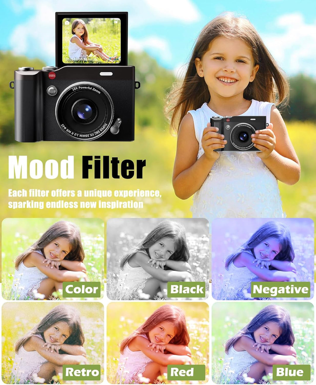 HEYMAO Cámara digital para niños de 64MP 1080P con pantalla abatibl...