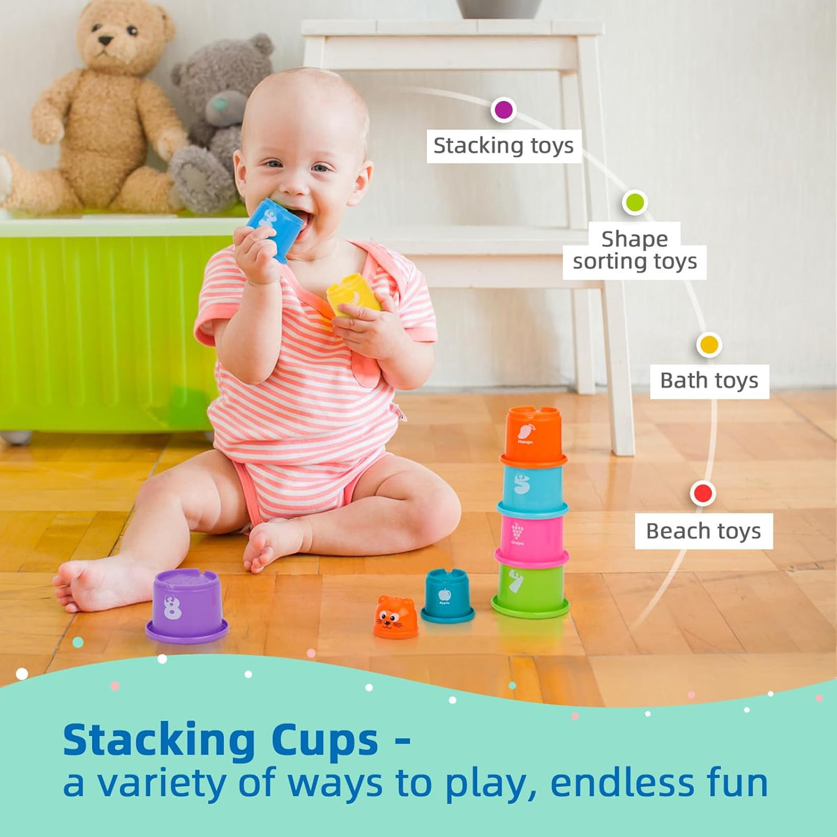 TOOKYLAND Juguetes Montessori para niños de 1 año, conjunto educativo de aprendizaje 8 en 1 de juguetes de madera (incluye tazas apilables, caja educativa 3 en 1, banco de martilleo, rompecabezas de