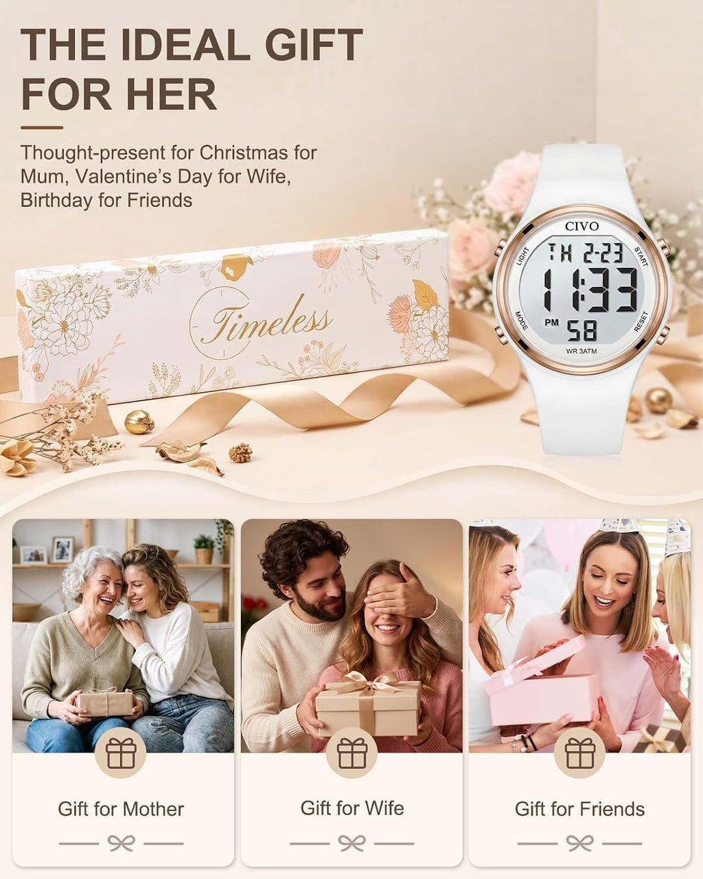 Relojes Deportivos Digitales CIVO para Mujer: Pantalla LCD Grande, Números de Fácil Lectura