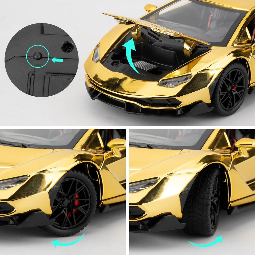 TGRCM-CZ 1/24 Lamborghini 770 Model Car, coche de juguete con sonido y luz con función de retroceso, modelo de aleación coleccionable, regalo para niños dorado