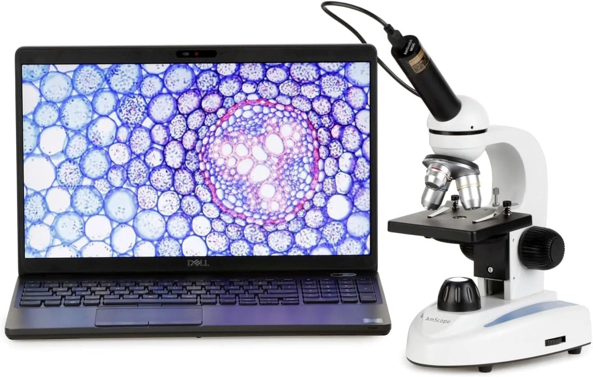 AmScope Microscopio monocular compuesto digital M149C-PB10-WM-E, oculares WF10x y WF25x, aumento de 40x-1000x, iluminación LED, Brightfield, condensador de una sola lente, escenario liso, 110 V o