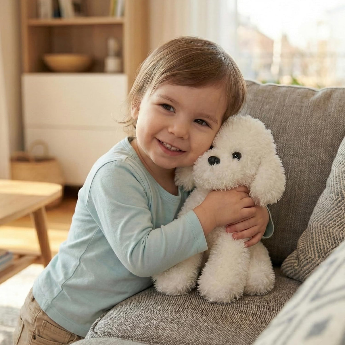 Cachorro de perro de peluche caniche blanco