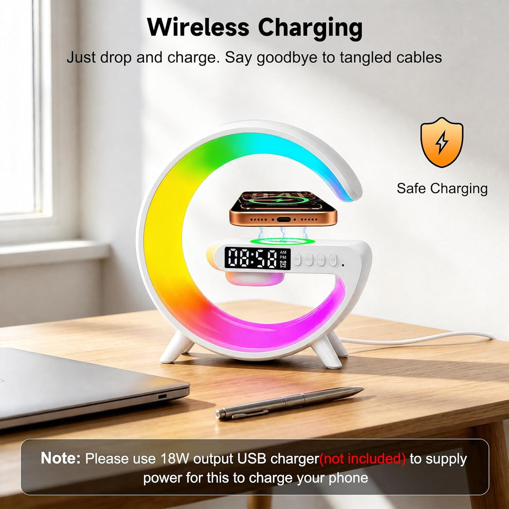 Lámpara Lámpara de mesa LED inteligente 5 en 1 con cargador inalámbrico, altavoz Bluetooth, reloj despertador, luz nocturna, estación de carga para dormitorio, mesita de noche, escritorio