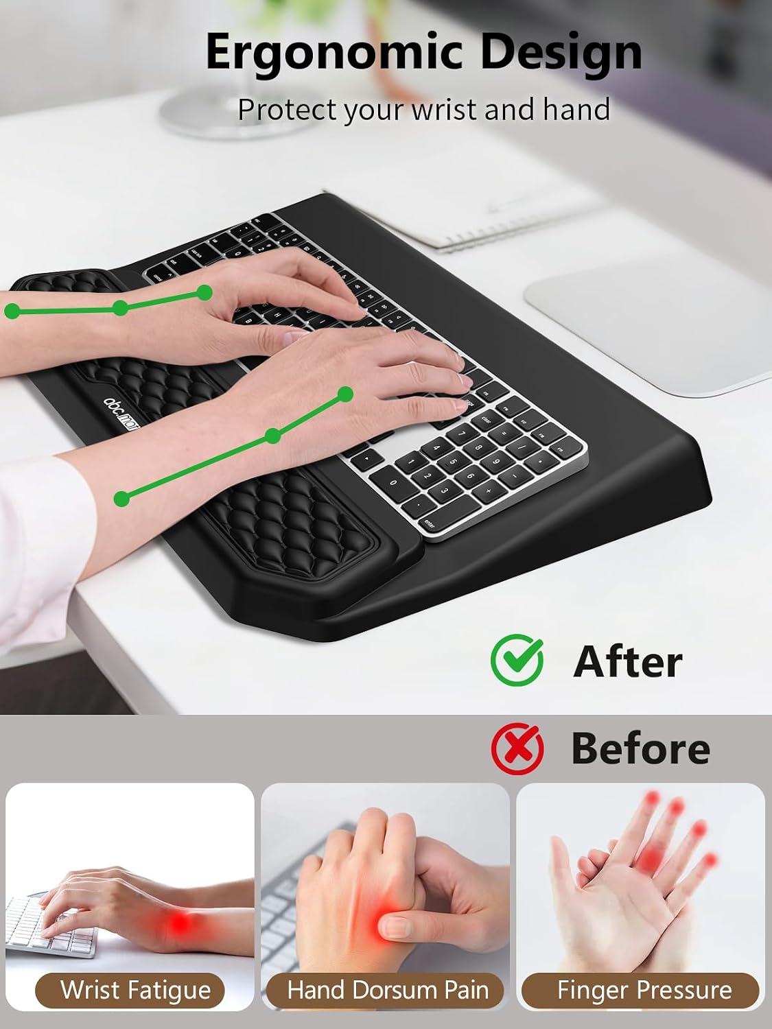 Soporte ergonómico 2 en 1 para teclado con reposamuñecas, color negro