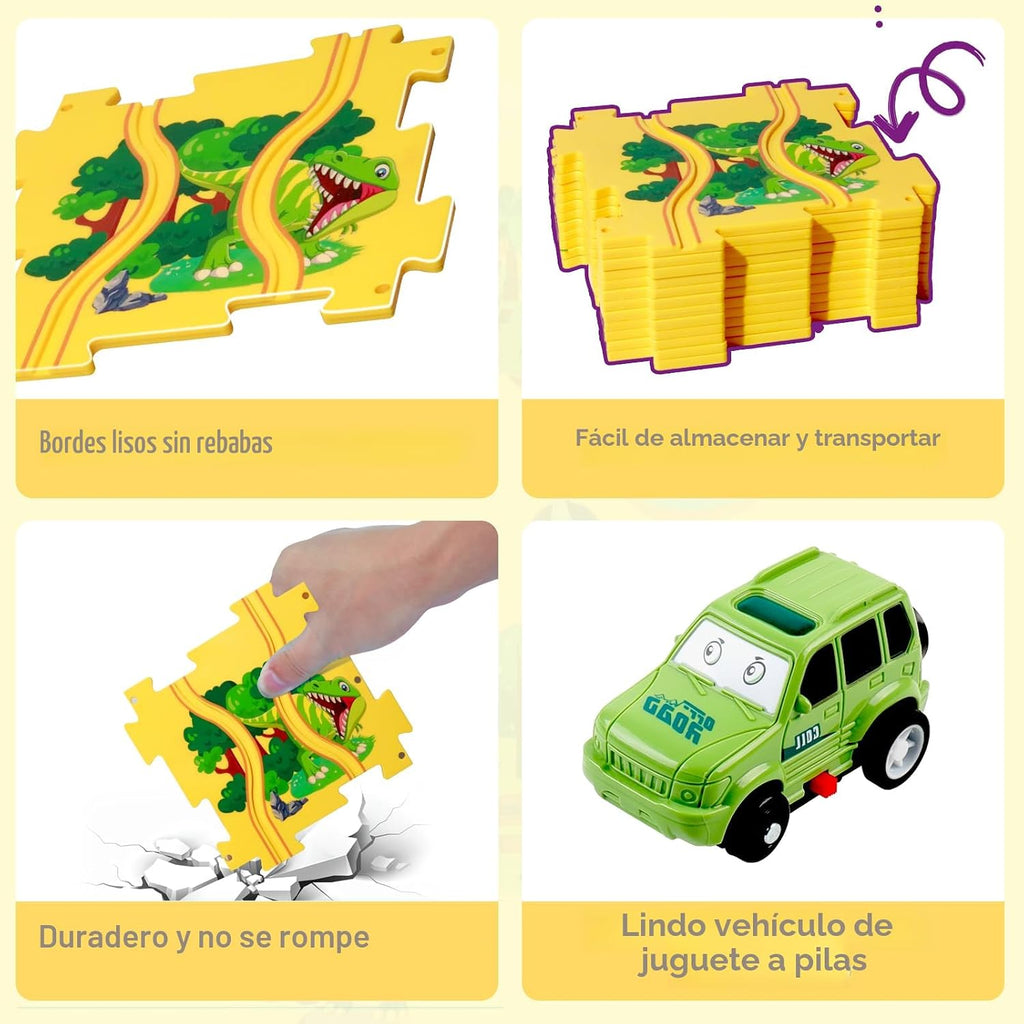 Set de Juego con Rompecabezas de Dinosaurio de Plástico y Pista de Coches para Niños de 3, 4 y 5 Años
