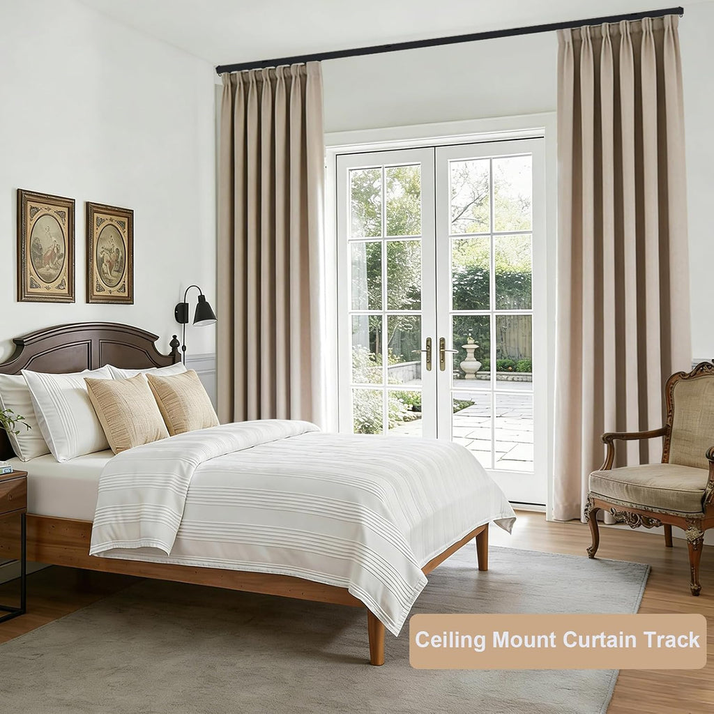 Riel de cortina de techo, sistema de rieles de cortina resistente para divisor de habitaciones, riel de cortina deslizante de montaje en pared con clip y ganchos para sala de estar, dormitorio, ducha, aire libre, negro, 6 pies - 9 pies