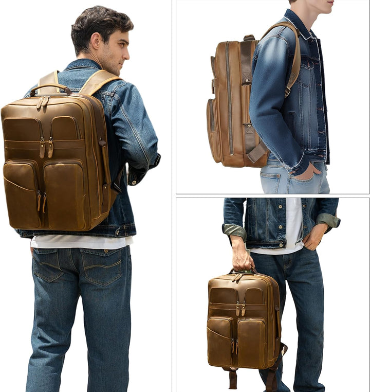 TIDING Mochila para portátil de cuero de grano completo de 17.3 pul...
