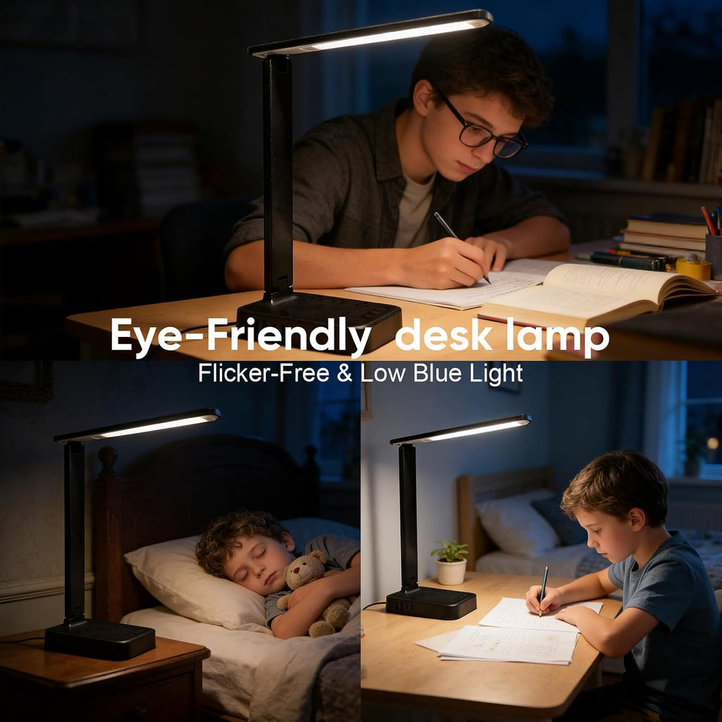 Lámpara karidi Lámpara de escritorio LED con tira de alimentación, 3 salidas de CA y 4 puertos USB (2 USB-C), luz de tareas para el cuidado de los ojos, 5 modos de color, 5 brillo regulable, base resistente