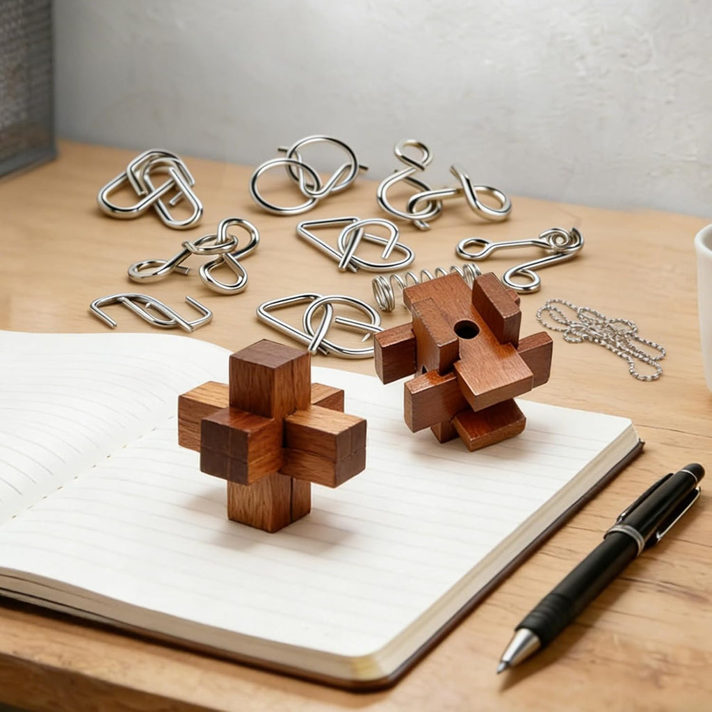 Juego de 42 rompecabezas de rompecabezas para adultos y niños, juego de IQ 3D vintage de madera y metal, rompecabezas de lógica de desenmarañamiento desafiante, juego de bolsa de viaje portátil para