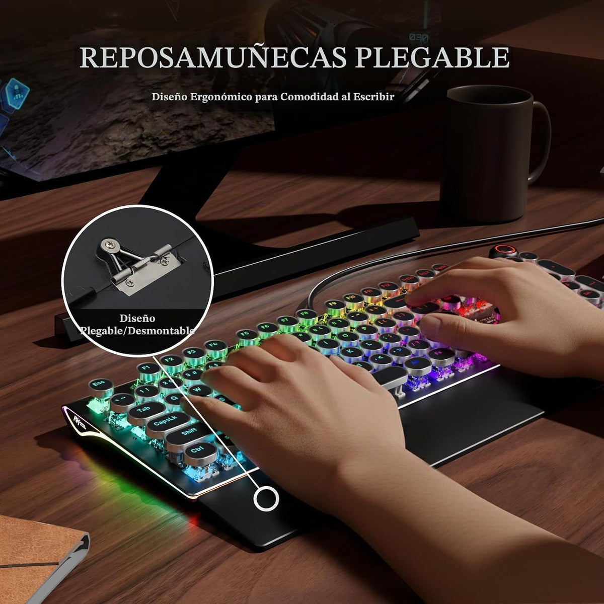 RK ROYAL KLUDGE Teclado de máquina de escribir X108 con perilla, teclado mecánico para juegos con cable, luz lateral retroiluminada RGB, reposamuñecas desmontable, teclas redondas retro, interruptores