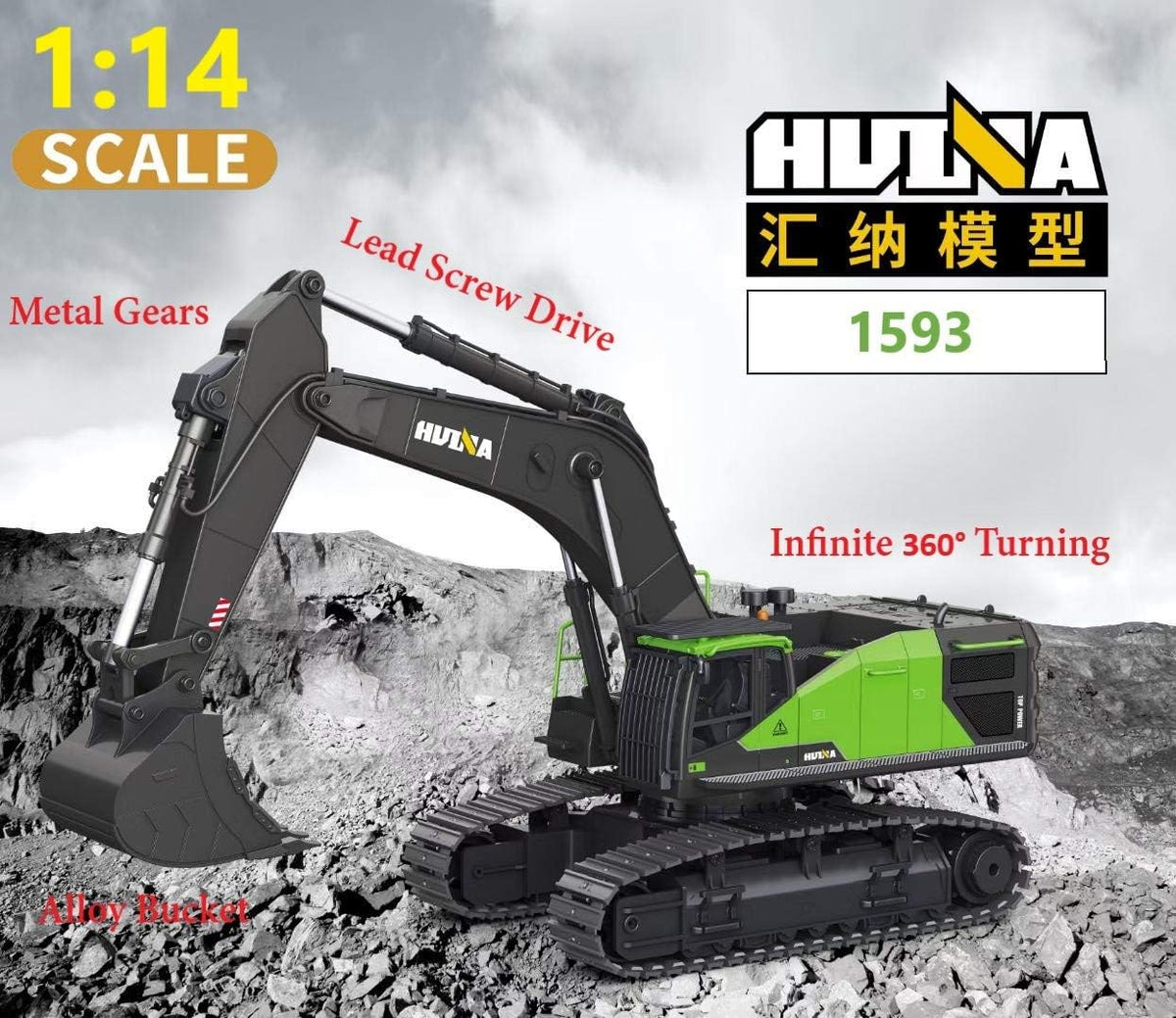 Excavadora RC para adultos Huina 1593 Totalmente funcional Juguete 1:14 28 canales Control remoto Camión Construcción Vehículo Cubo Metal Luces LED Simulación Sonidos 2 Baterías y Pinza Modelo 2026