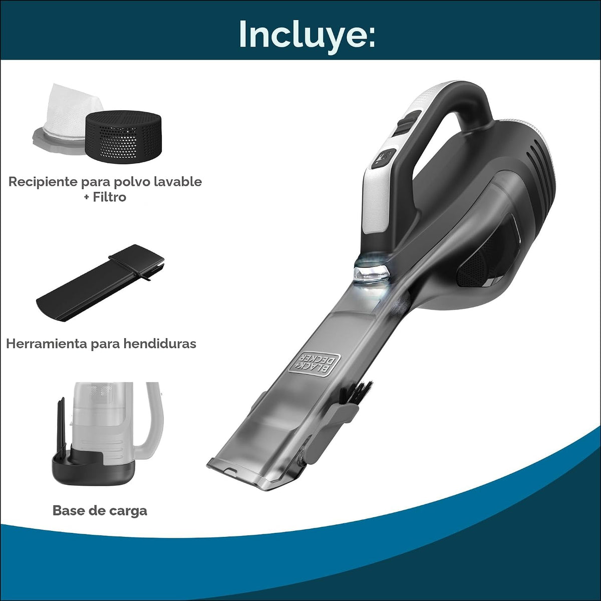 BLACK+DECKER Dustbuster Reveal - Aspiradora de mano inalámbrica, portátil, inalámbrica, luz LED, largo tiempo de funcionamiento, recargable y ligero, incluye herramienta para hendiduras