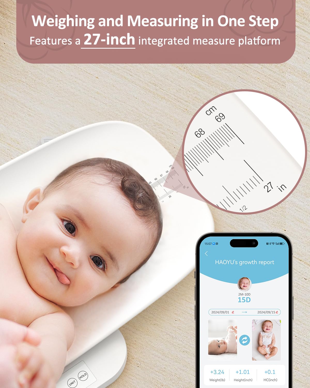 GROWNSY Báscula Inteligente para Bebés/Mascotas, Báscula Digital de Peso para Bebés con Aplicación para Rastrear el Crecimiento de Bebés, Niños Pequeños, Cachorros y Gatos—Soporta Hasta 330 libras