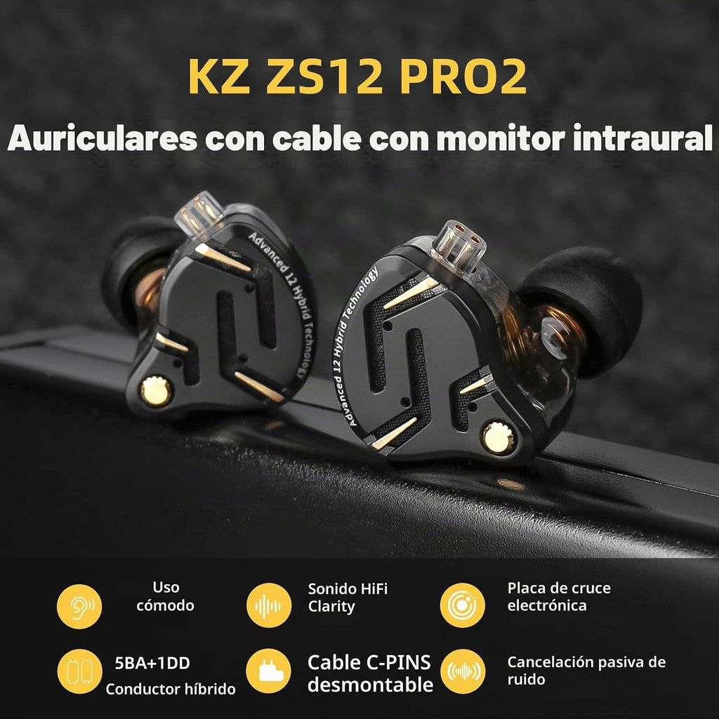 KZ ZS12 PRO 2 Auriculares con monitores intrauriculares, 5BA+1DD 6 auriculares híbridos para juegos con cable, sonido de alta fidelidad con claridad, graves inmersivos IEMs para videojuegos, músico