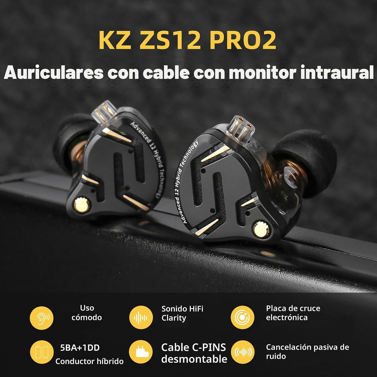 KZ ZS12 PRO 2 Auriculares con monitores intrauriculares, 5BA+1DD 6 auriculares híbridos para juegos con cable, sonido de alta fidelidad con claridad, graves inmersivos IEMs para videojuegos, músico