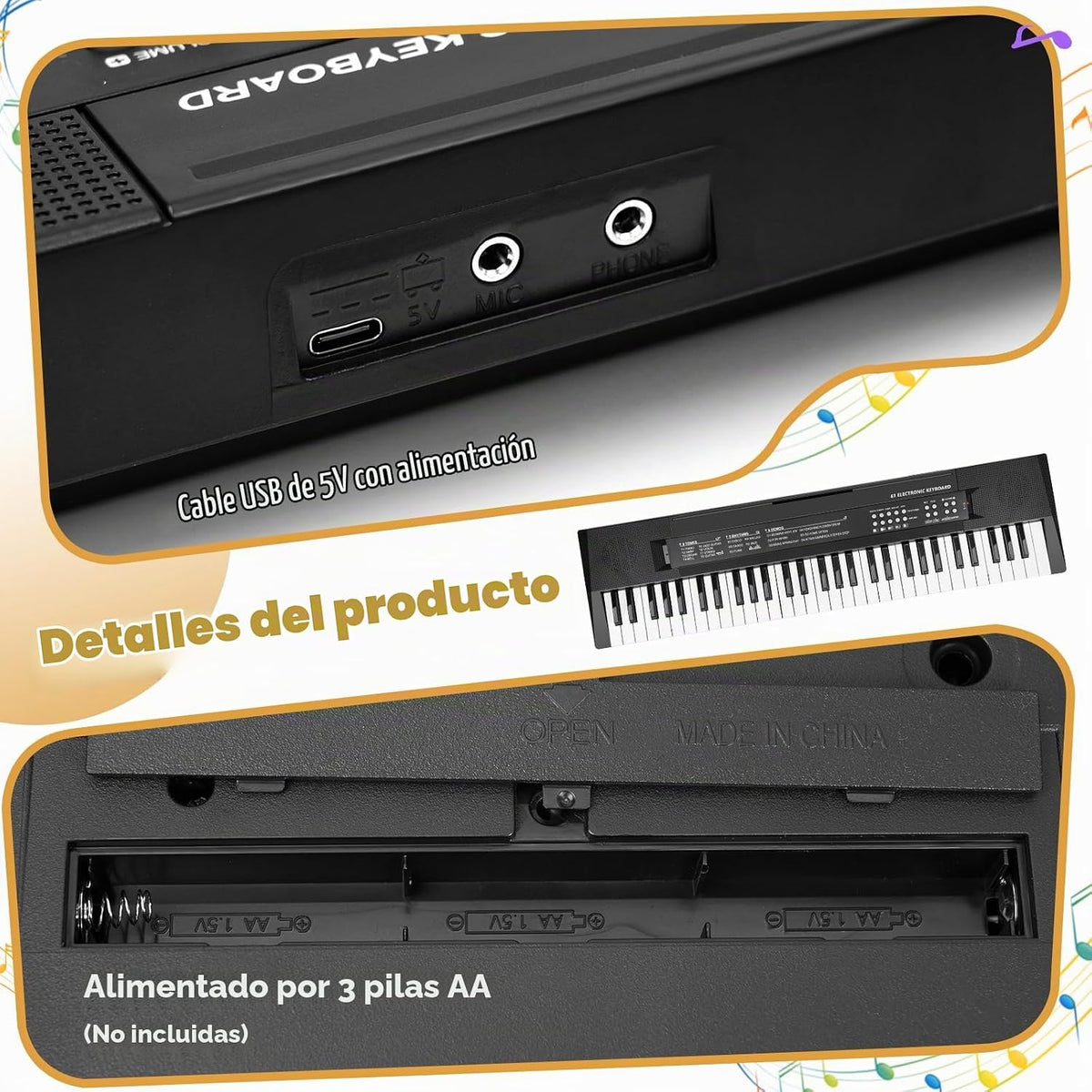 61 Keys Kids Piano teclado Toy con Mic para 3 4 5 6 7 8 Girls Boys, negro