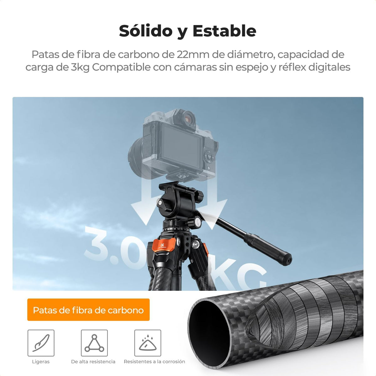 K&F CONCEPT Trípode de fibra de carbono con cabezal fluido de 61 ''
