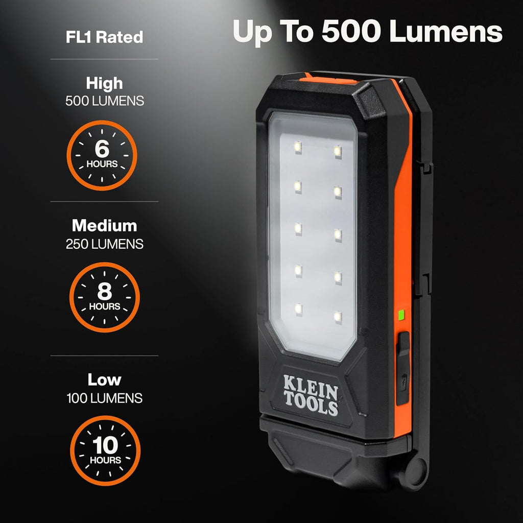 Klein Tools 56079 Luz de trabajo personal recargable delgada, 500 lúmenes, linterna portátil LED magnética, rotación de 360 grados y mosquetón, luz de inspección recargable USB-C