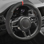Funda para volante de gamuza con anillo interior de silicona mejorado, anticalor, transpirable, antideslizante, de cuero universal de 14.5 a 15 pulgadas (negro y rojo, cuero genuino parcial