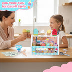 Juguete de helado para niños de 3 a 6 años, juego de helados de madera con mostrador, delantal, calcomanía de bricolaje, cuchara, dinero de juguete, juguetes de juego de simulación para juegos de