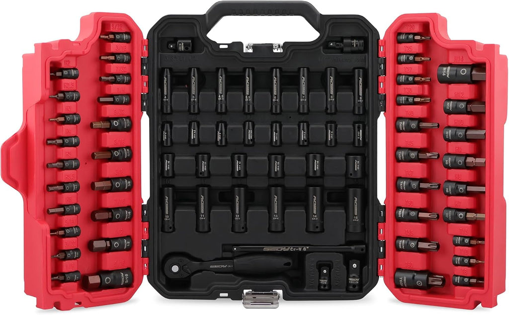 Juego de 73 piezas de enchufes de brocas hexagonales y torx de impacto, Juego de enchufes de impacto Master, enchufes profundos y superficiales SAE métricos, enchufes de brocas torx Incluye mango de