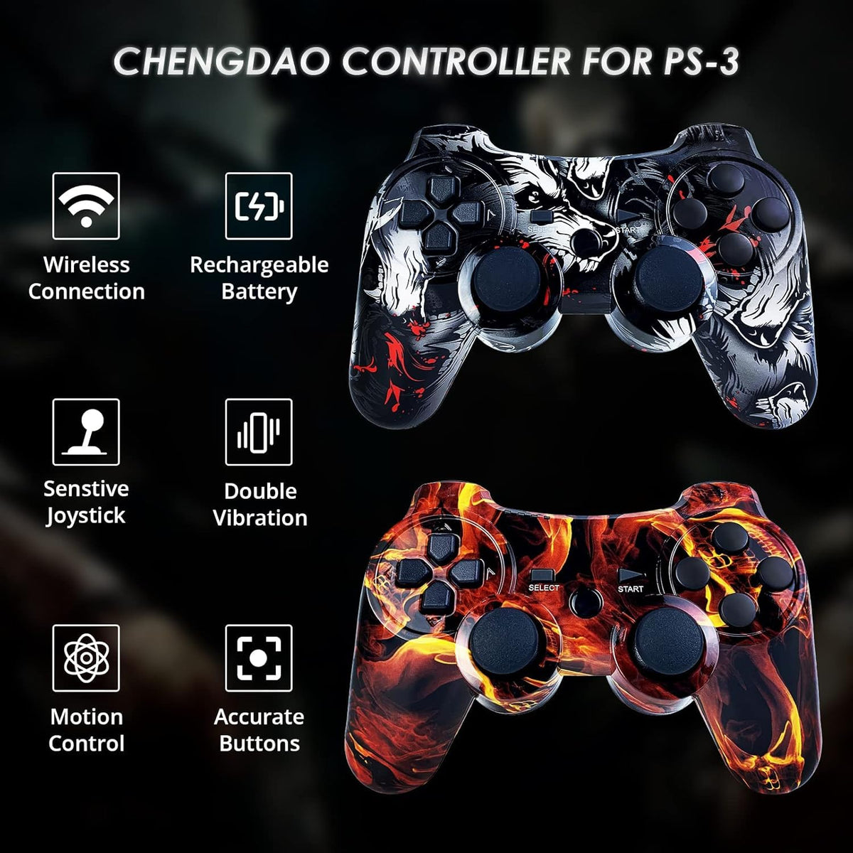CHENGDAO Controlador para PS3 Controlador 2 Pack para PlayStation 3 Controlador Inalámbrico de Alto Rendimiento con Doble Vibración Control de Movimiento, Flame&Wolf