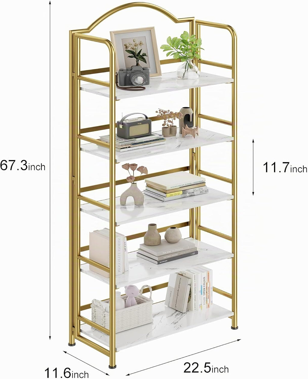 Estantería plegable dorada de 5 niveles, sin montaje, estante de
