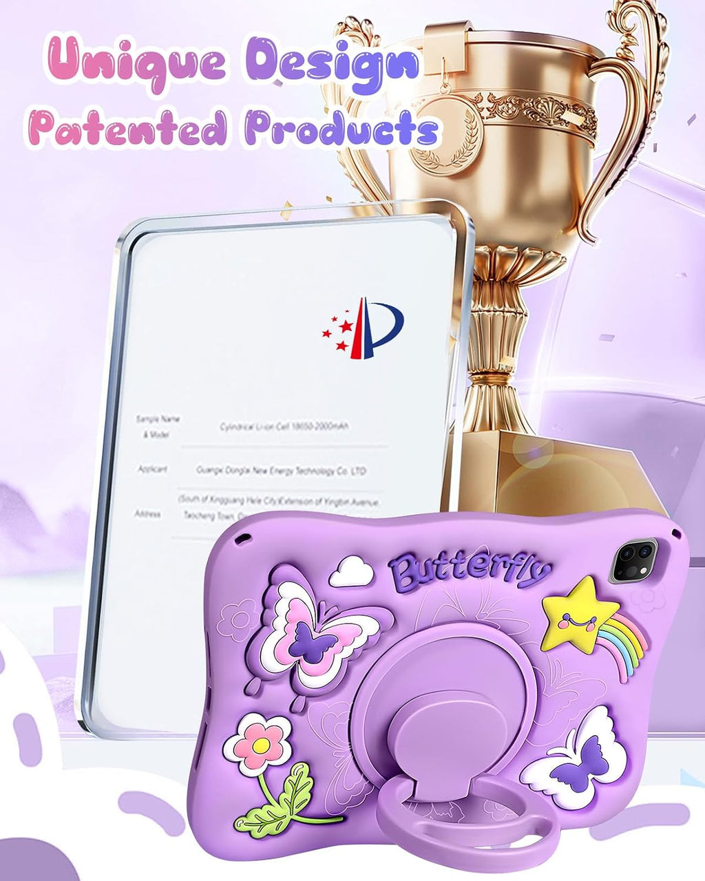 para iPad Air de 11 Pulgadas Funda M3 2025/M2 2024, Pro 11'' 4ª/3ª/2ª/1ª, Air de 5ª/4ª Generación - Linda Funda Kawaii para Niñas con Diseño 3D de Mariposas Moradas Giratorias y Correa de