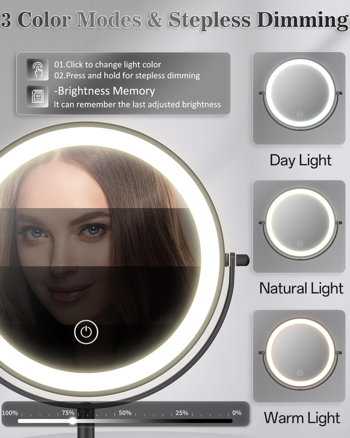 Espejo de maquillaje iluminado de 8 pulgadas con luz, espejo ajustable de