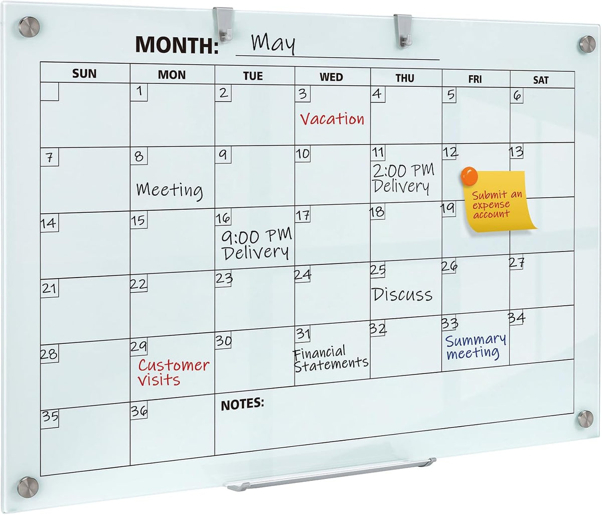Pizarra blanca de vidrio tipo calendario, 36 x 24 pulgadas para planificador de borrado en seco