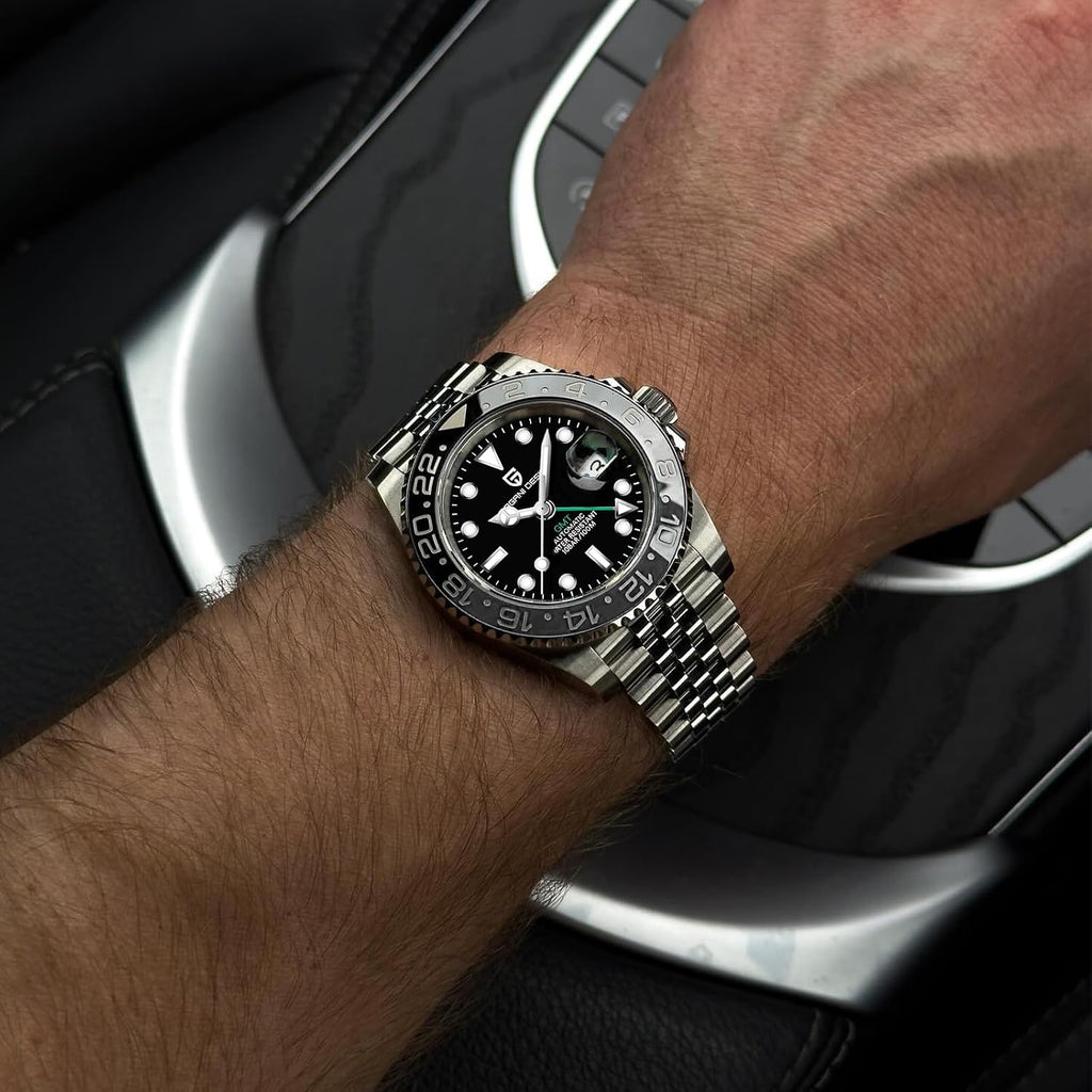 Reloj Pagani Design GMT para hombre, reloj automático de 1.575 pulgadas (40 mm), fecha, 100M resistente al agua, acero inoxidable, cristal de zafiro, reloj mecánico de pulsera PD-1662