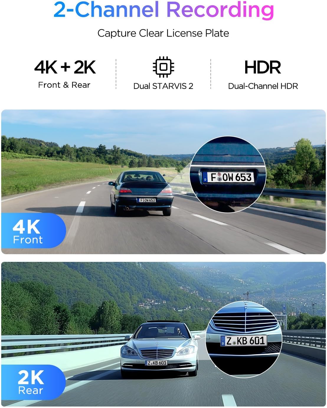 VIOFO A329S 4K 60FPS Dash Cam delantera y trasera, STARVIS 2 HDR, Wi-Fi 6