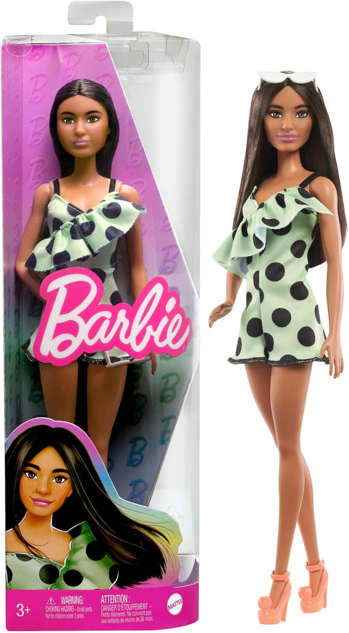 Barbie Fashionistas Doll #200 con pelo moreno, mameluco de lunares...