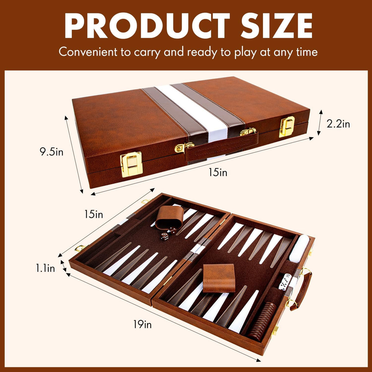ARUOHHA Juegos clásicos de backgammon para adultos, funda de cuero de lujo, interior de fieltro, juego de backgammon portátil y de viaje, popular juego de mesa, marrón (15 pulgadas)