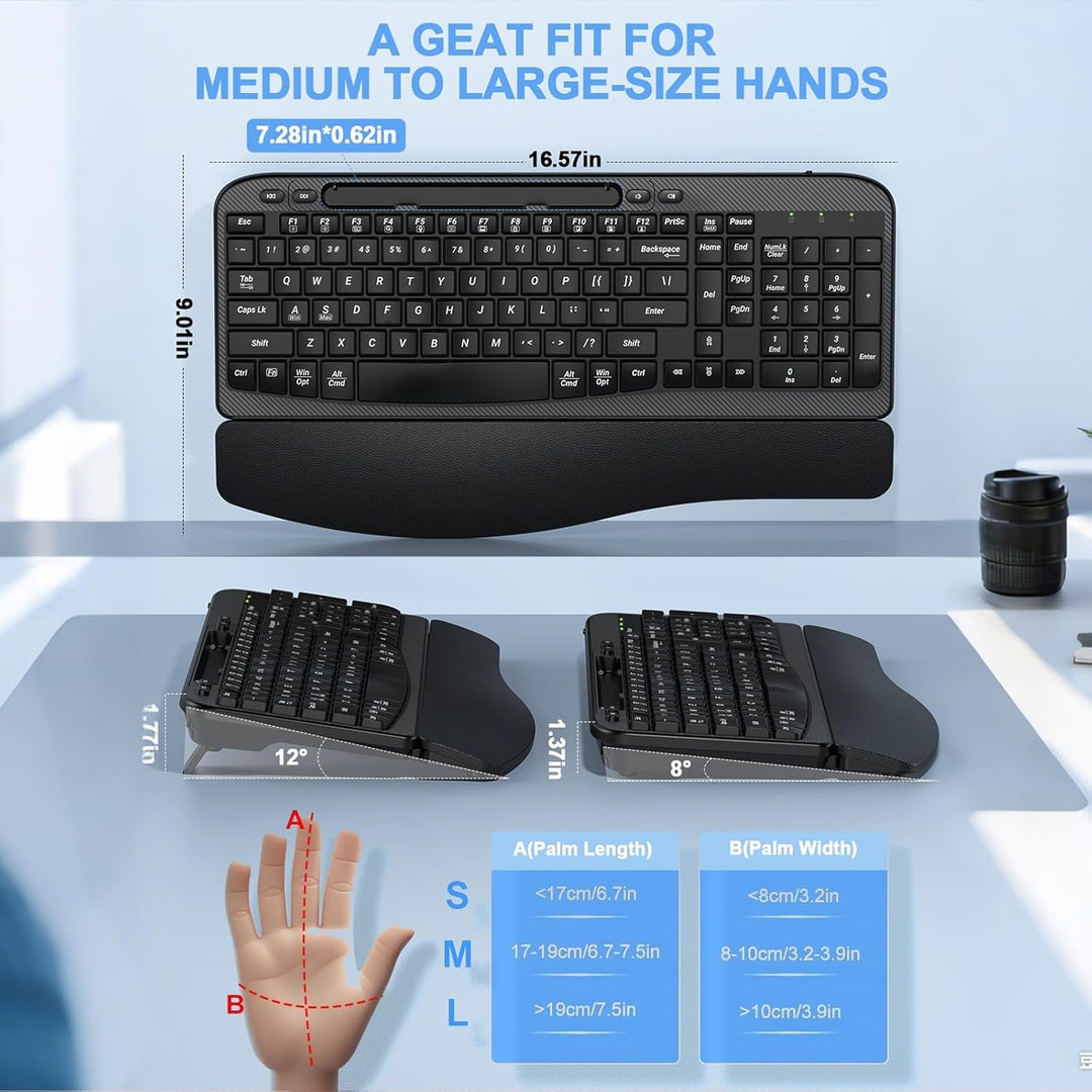 Teclado inalámbrico ergonómico con reposamuñecas acolchado, teclas...
