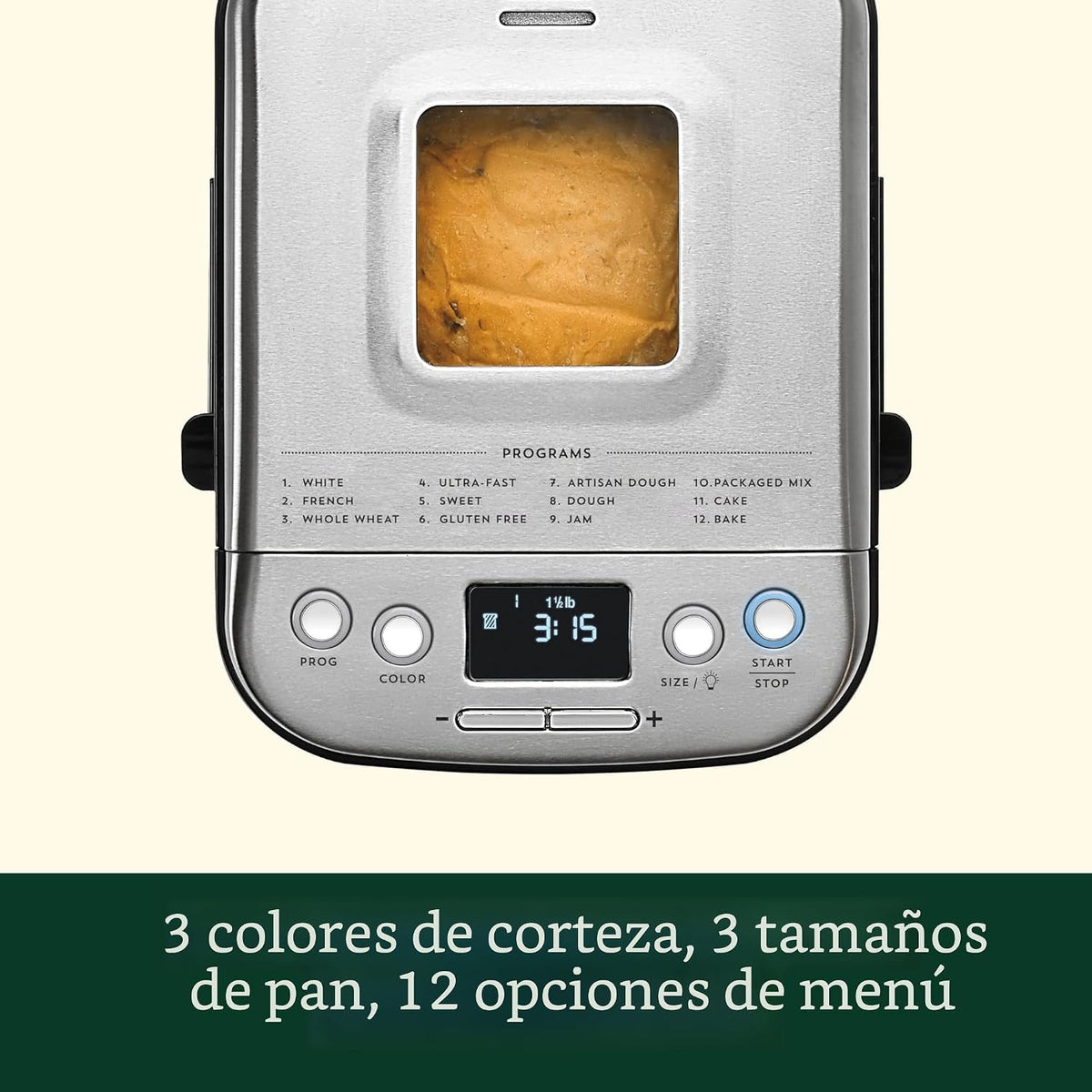 Panificadora Cuisinart, Acero inoxidable, 12 programas, Hasta 2 lb