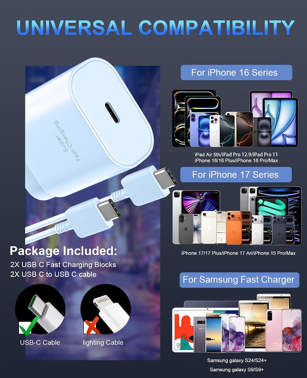Cargador para teléfono 17, 16, 15, carga rápida, 30 W, USB C, bloque de carga para teléfono 17 16 15 Pro Max y cable tipo C de 10 pies de largo para i.Phone 17/Air/17 Pro/17 Pro Max/16/16 Plus/16 Pro/16 Pro Max/15/15 Pro Max, azul