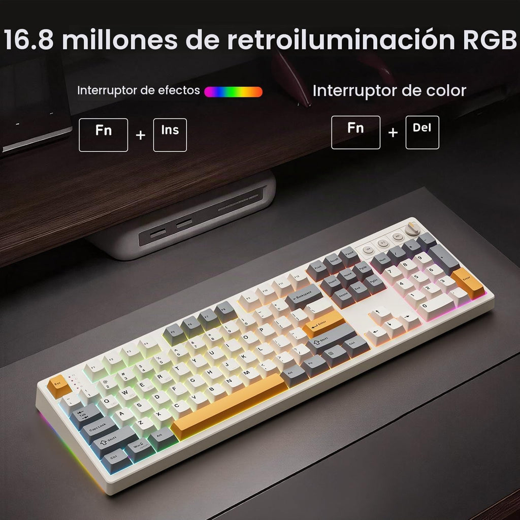 Kisnt KN104 Teclado mecánico inalámbrico, 100% tamaño completo con perilla, Bluetooth/2.4GHz/USB-C, retroiluminación RGB personalizada, interruptor lineal intercambiable en caliente